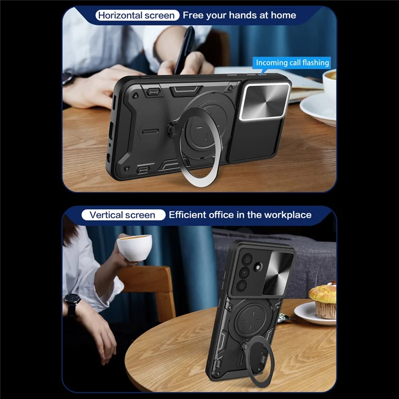 Samsung Galaxy A56 5G Hülle TPU + PC Handyhülle mit Ständer, verschiebbares Objektivfenster - Schwarz