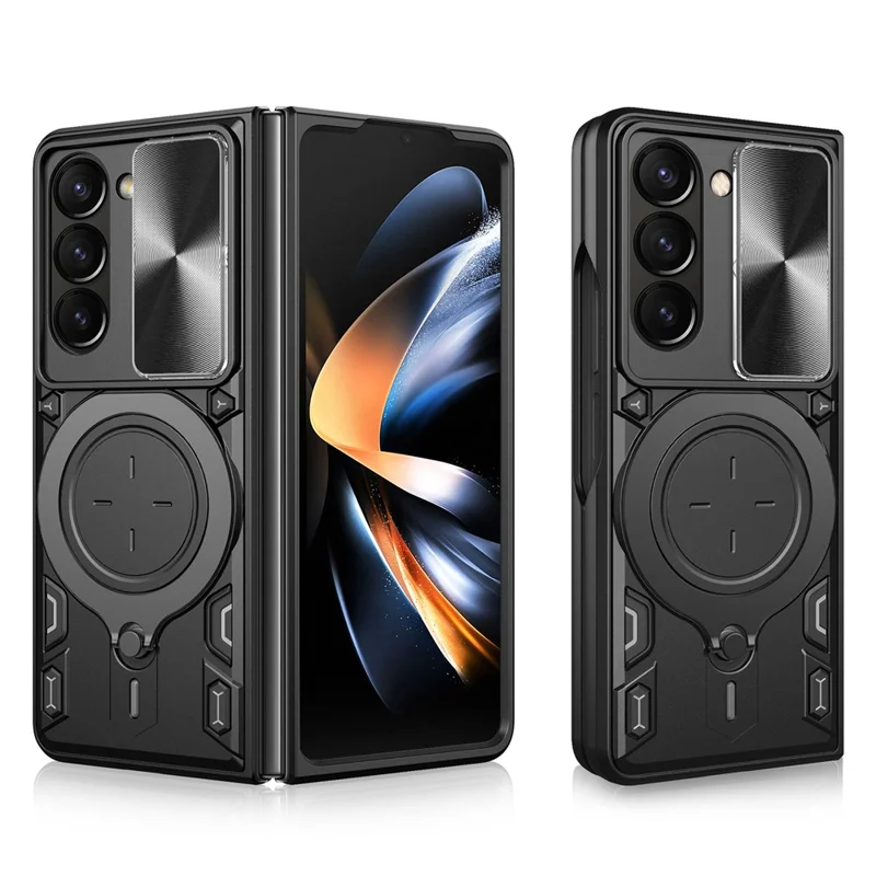 Für Samsung Galaxy Z Fold6 5G Hülle TPU + PC Handy-Schutzhülle mit Ständer, schiebbarem Objektivfenster - Schwarz