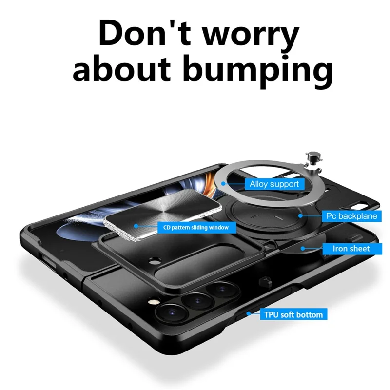 Für Samsung Galaxy Z Fold6 5G Hülle TPU + PC Handy-Schutzhülle mit Ständer, schiebbarem Objektivfenster - Schwarz