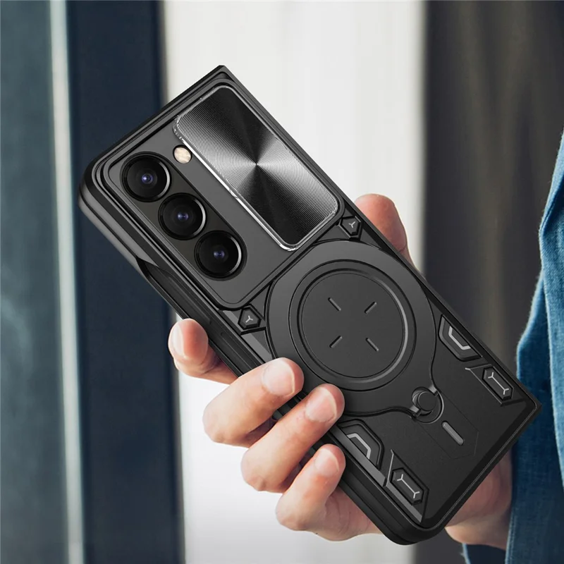 Für Samsung Galaxy Z Fold6 5G Hülle TPU + PC Handy-Schutzhülle mit Ständer, schiebbarem Objektivfenster - Schwarz