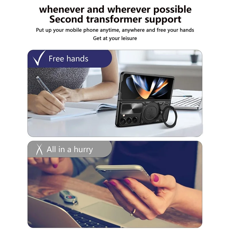 Für Samsung Galaxy Z Fold6 5G Hülle TPU + PC Handy-Schutzhülle mit Ständer, schiebbarem Objektivfenster - Schwarz