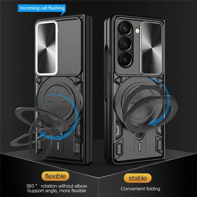Für Samsung Galaxy Z Fold6 5G Hülle TPU + PC Handy-Schutzhülle mit Ständer, schiebbarem Objektivfenster - Schwarz