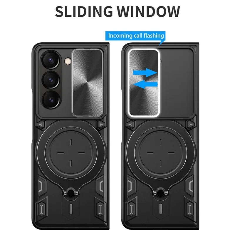 Für Samsung Galaxy Z Fold6 5G Hülle TPU + PC Handy-Schutzhülle mit Ständer, schiebbarem Objektivfenster - Schwarz