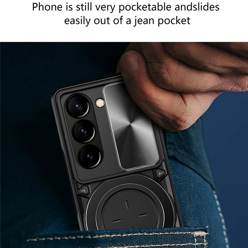 Für Samsung Galaxy Z Fold6 5G Hülle TPU + PC Handy-Schutzhülle mit Ständer, schiebbarem Objektivfenster - Schwarz