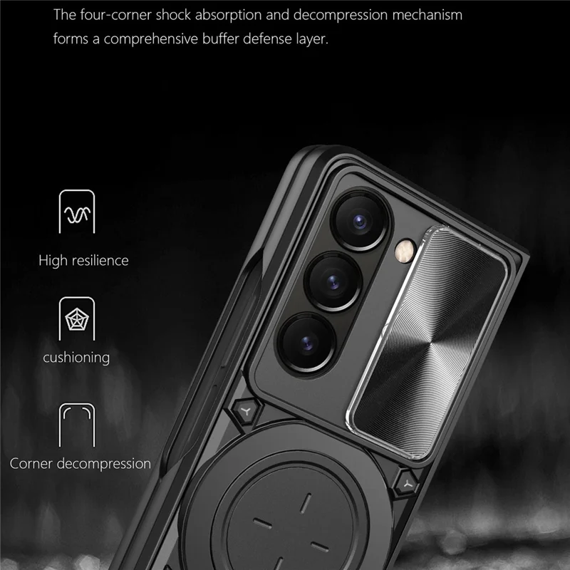 Für Samsung Galaxy Z Fold6 5G Hülle TPU + PC Handy-Schutzhülle mit Ständer, schiebbarem Objektivfenster - Schwarz