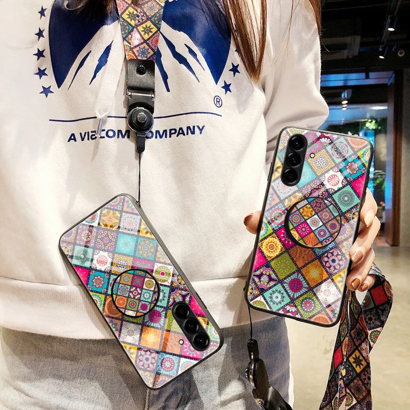 For Samsung Galaxy A57 5G Case Kickstand Ethnic Pattern Tempered Glass Phone Cover with Strap - Color Pattern