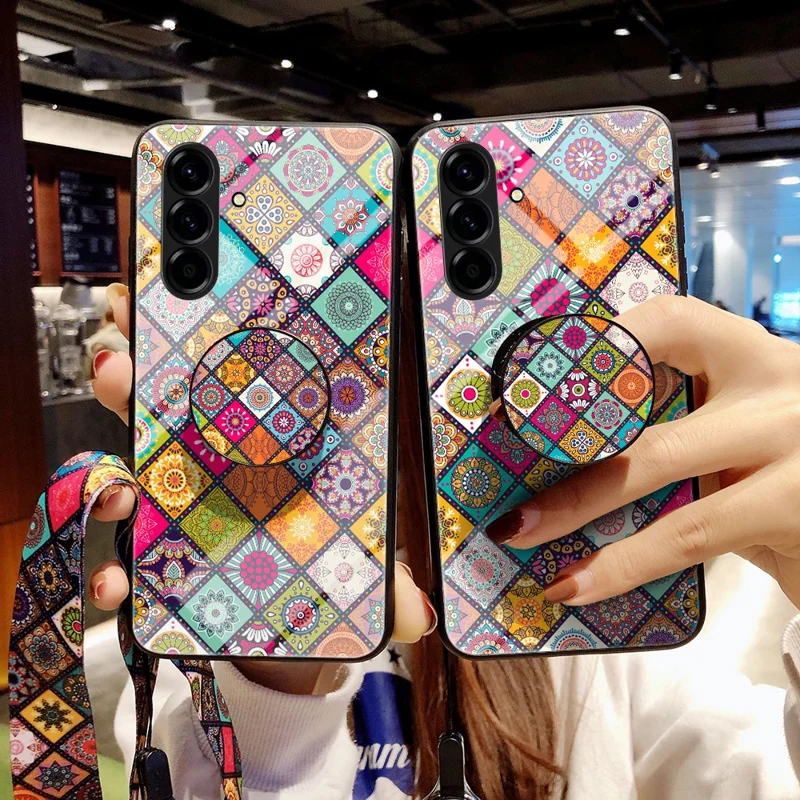 For Samsung Galaxy A57 5G Case Kickstand Ethnic Pattern Tempered Glass Phone Cover with Strap - Color Pattern