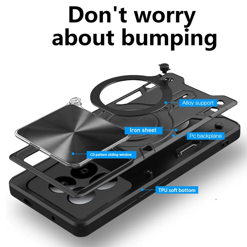 Til Xiaomi Redmi Note 15 Pro 5G (Global) Taske i TPU + PC med fold ud-kontakt, skydelinsevindue - Sort
