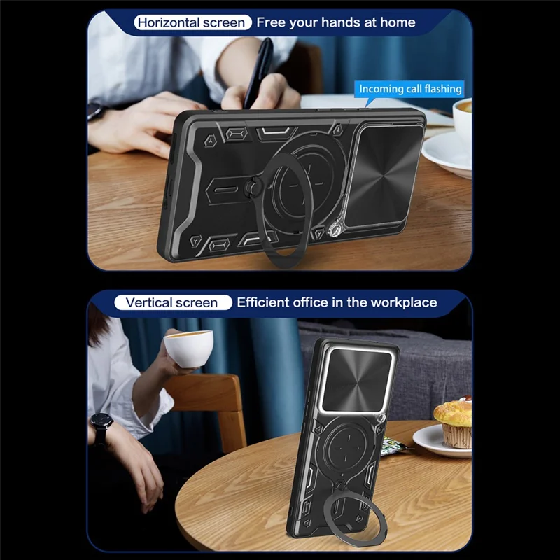 Til Xiaomi Redmi Note 15 Pro 5G (Global) Taske i TPU + PC med fold ud-kontakt, skydelinsevindue - Sort