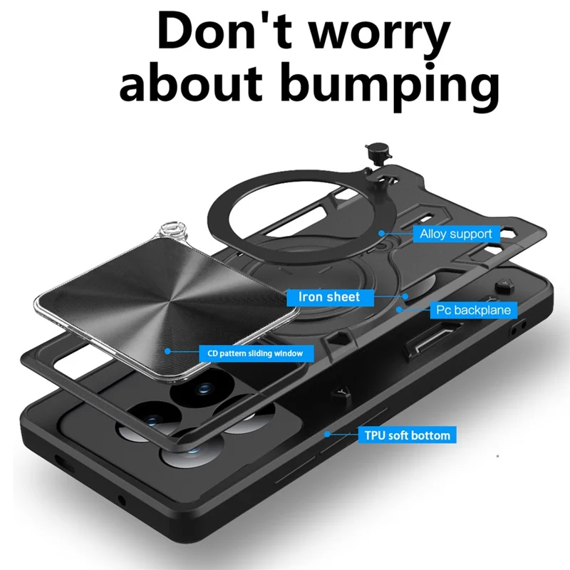 For Xiaomi Poco M8 Pro 5G / Redmi Note 15 Pro+ 5G (Global) Case TPU + PC Phone Cover with Kickstand , Slide Lens Window - Black