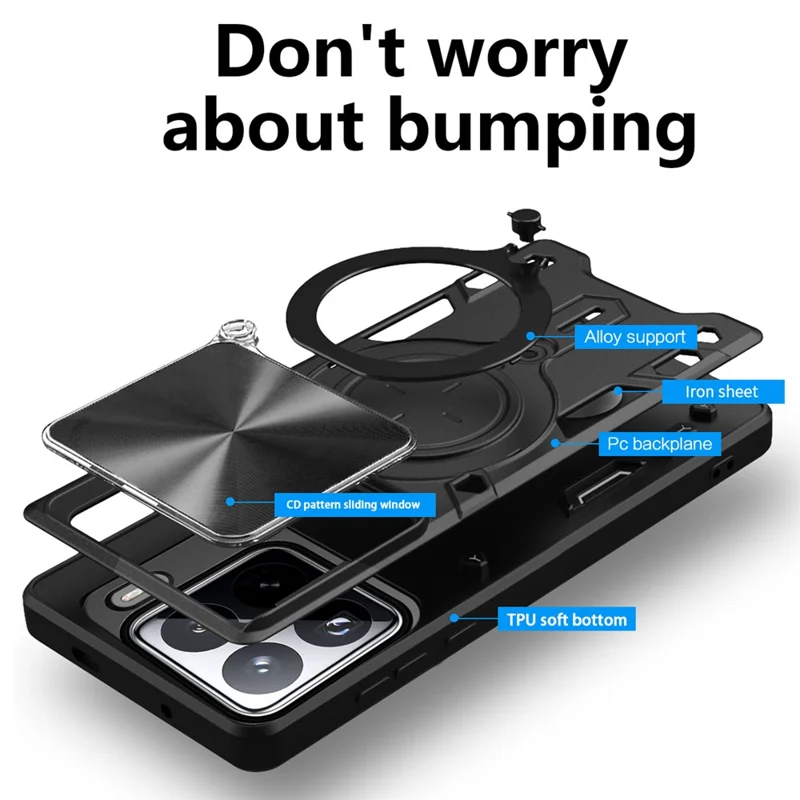 Fodral för Xiaomi 15 Pro TPU + PC med kickstand och skjutbar linsöppning - Svart