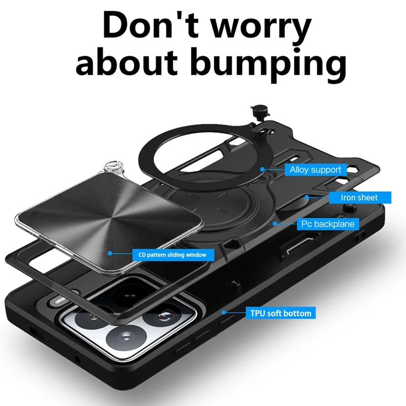 Чехол для Xiaomi 15 TPU + PC с подставкой и слайдером для объектива - Черный