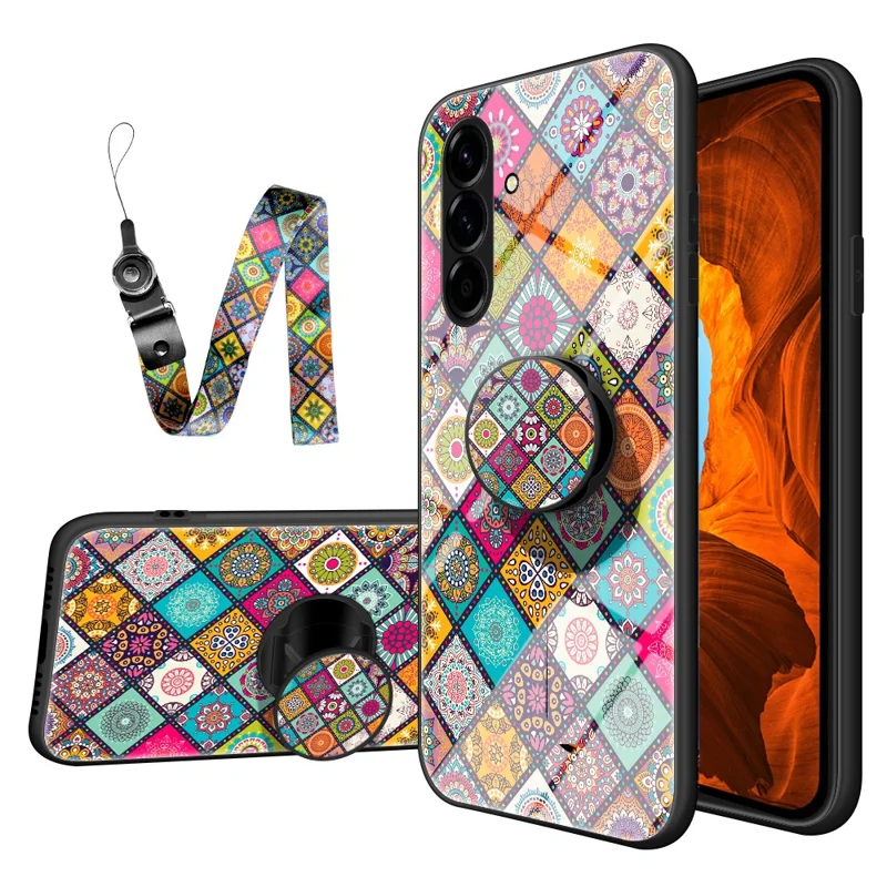 For Samsung Galaxy A37 5G Case Kickstand Ethnic Pattern Tempered Glass Phone Cover with Strap - Checkered Pattern