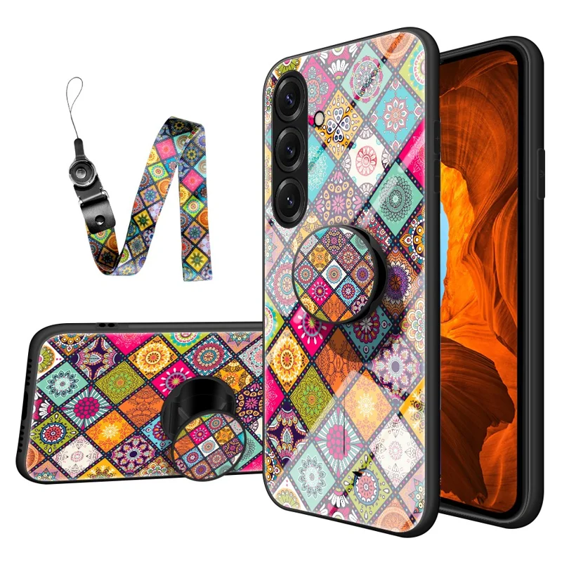For Samsung Galaxy S26 Case Kickstand Ethnic Pattern Tempered Glass Phone Cover with Strap - Color Pattern