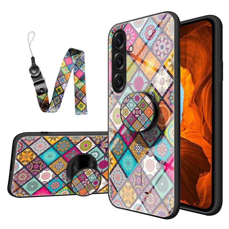 For Samsung Galaxy S26+ Case Kickstand Ethnic Pattern Tempered Glass Phone Cover with Strap - Checkered Pattern