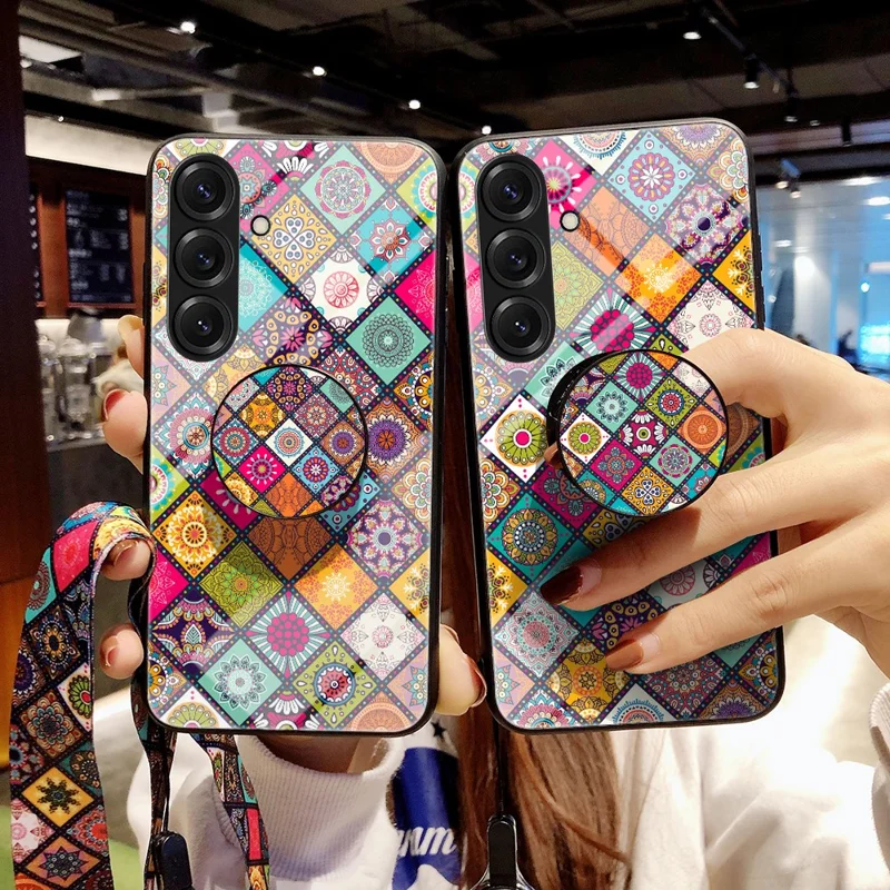 For Samsung Galaxy S26+ Case Kickstand Ethnic Pattern Tempered Glass Phone Cover with Strap - Checkered Pattern