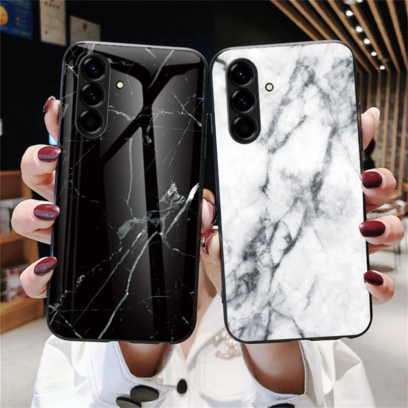 For Samsung Galaxy A27 Case Marble Pattern Tempered Glass + PC + TPU Protective Phone Cover - Black Marble