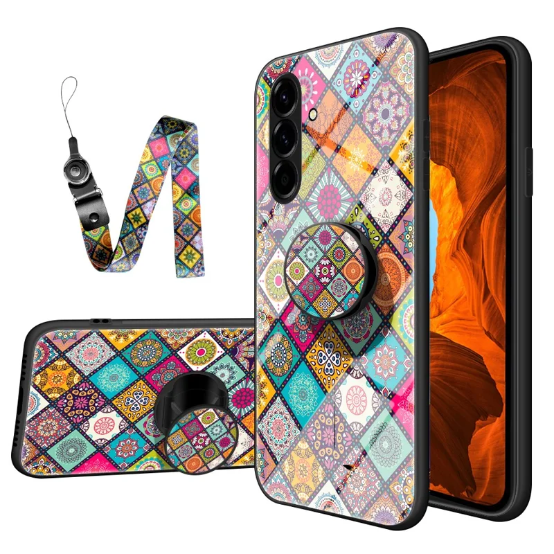 For Samsung Galaxy A27 Case Kickstand Ethnic Pattern Tempered Glass Phone Cover with Strap - Checkered Pattern