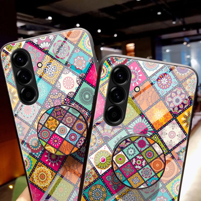 For Samsung Galaxy A27 Case Kickstand Ethnic Pattern Tempered Glass Phone Cover with Strap - Checkered Pattern