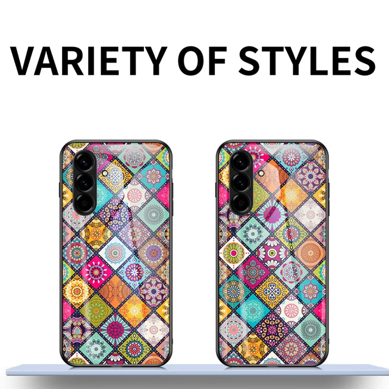 For Samsung Galaxy A27 Case Kickstand Ethnic Pattern Tempered Glass Phone Cover with Strap - Checkered Pattern