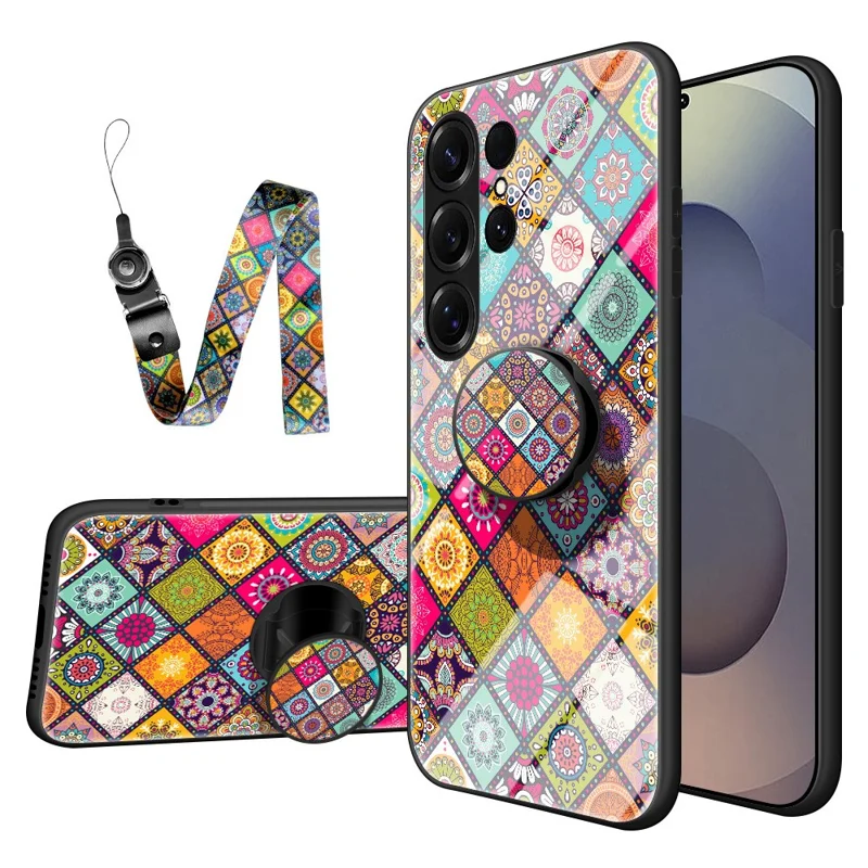 For Samsung Galaxy S26 Ultra Case Kickstand Ethnic Pattern Tempered Glass Phone Cover with Strap - Color Pattern