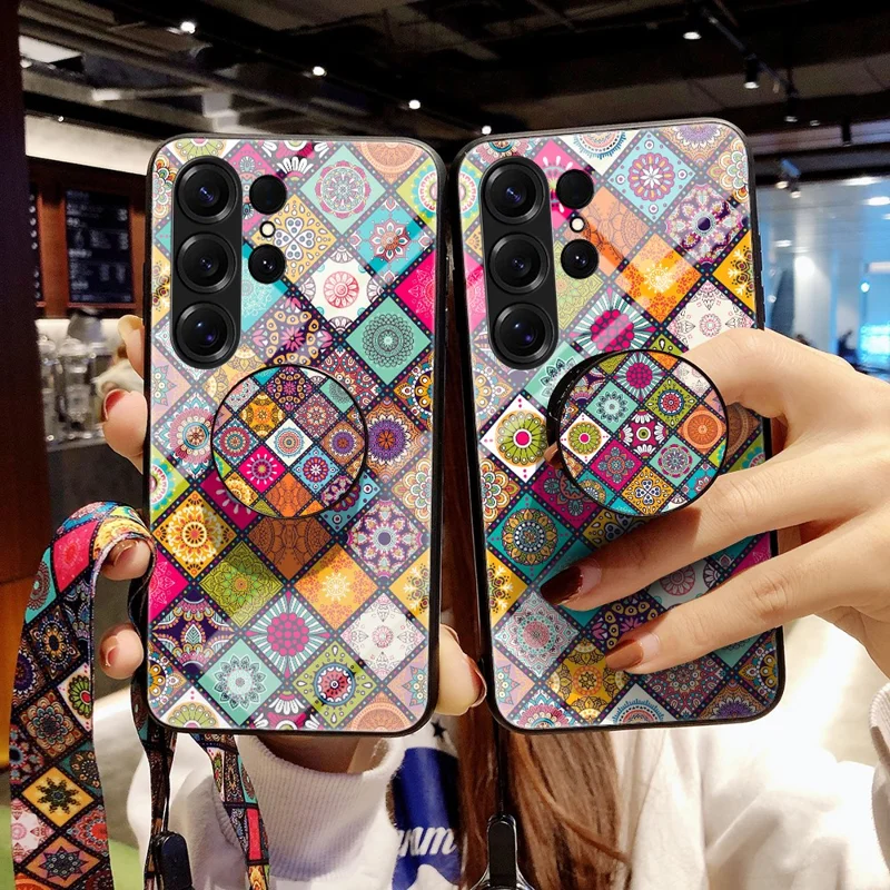 For Samsung Galaxy S26 Ultra Case Kickstand Ethnic Pattern Tempered Glass Phone Cover with Strap - Color Pattern