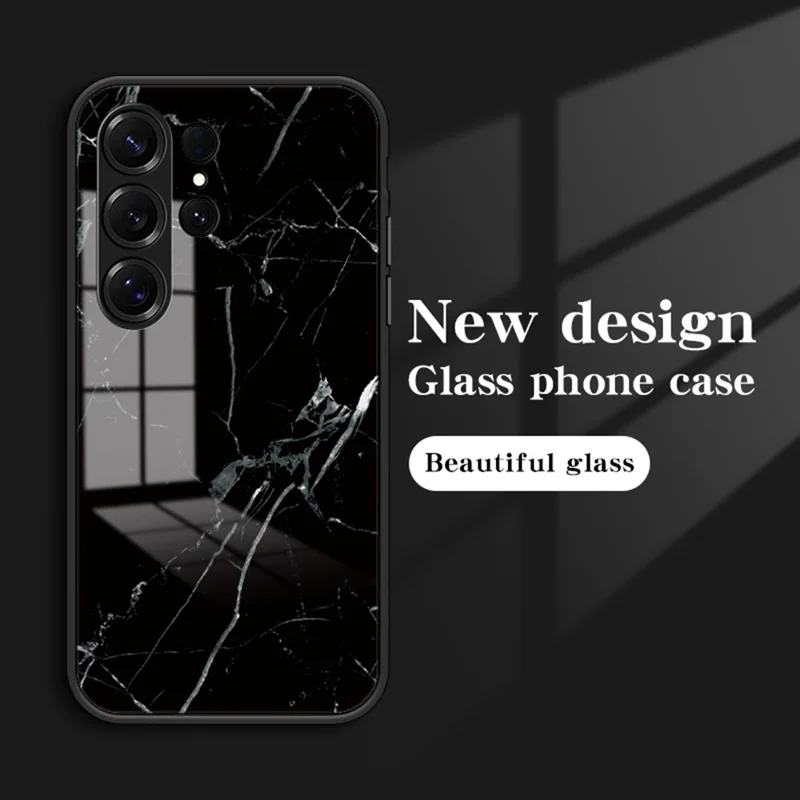 For Samsung Galaxy S26 Ultra Case Marble Pattern Tempered Glass + PC + TPU Protective Phone Cover - Black Marble
