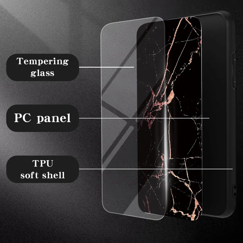 For Samsung Galaxy S26 Ultra Case Marble Pattern Tempered Glass + PC + TPU Protective Phone Cover - Black Marble