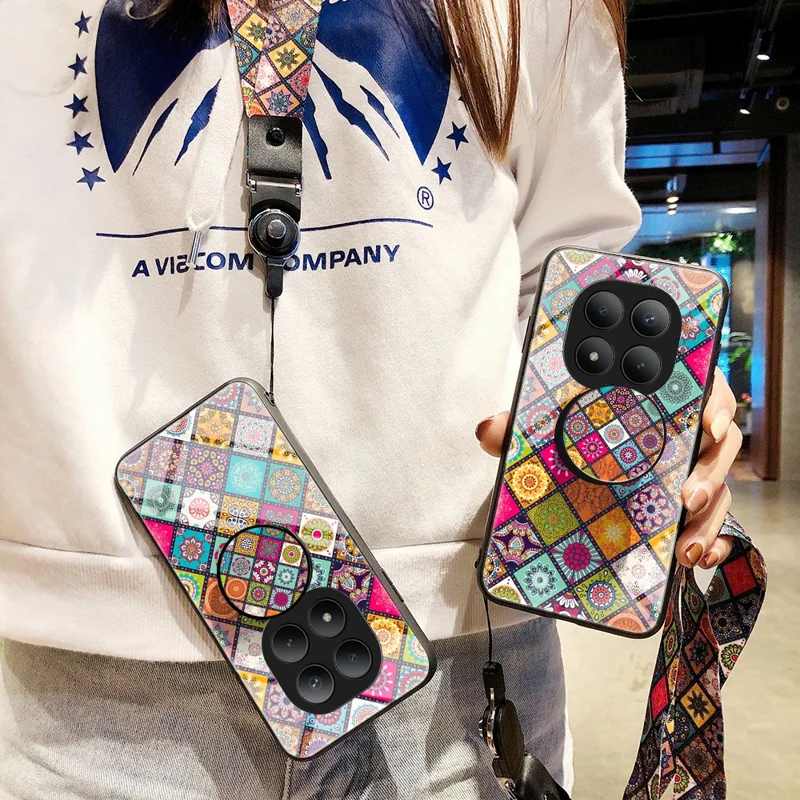 For Xiaomi Poco M8 Pro 5G / Redmi Note 15 Pro+ 5G (Global) Case Kickstand Ethnic Pattern Tempered Glass Phone Cover with Strap - Color Pattern