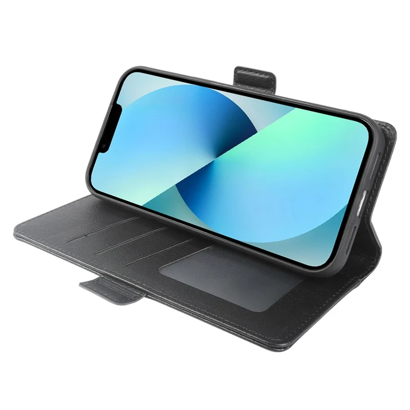 Чехол-кошелек для iPhone 13 с двойной магнитной застежкой, чехол-книжка из искусственной кожи с текстурой личи и подставкой — черный