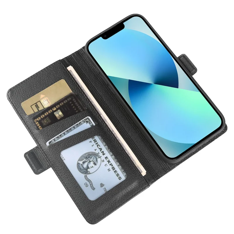 Чехол-кошелек для iPhone 13 с двойной магнитной застежкой, чехол-книжка из искусственной кожи с текстурой личи и подставкой — черный