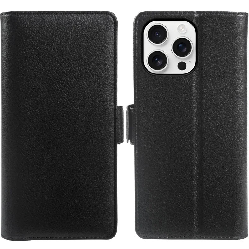 Capa Carteira para iPhone 13 Pro Max com Fecho Magnético Duplo, Capa de Pele com Textura de Lichia e Suporte Flip - Preto