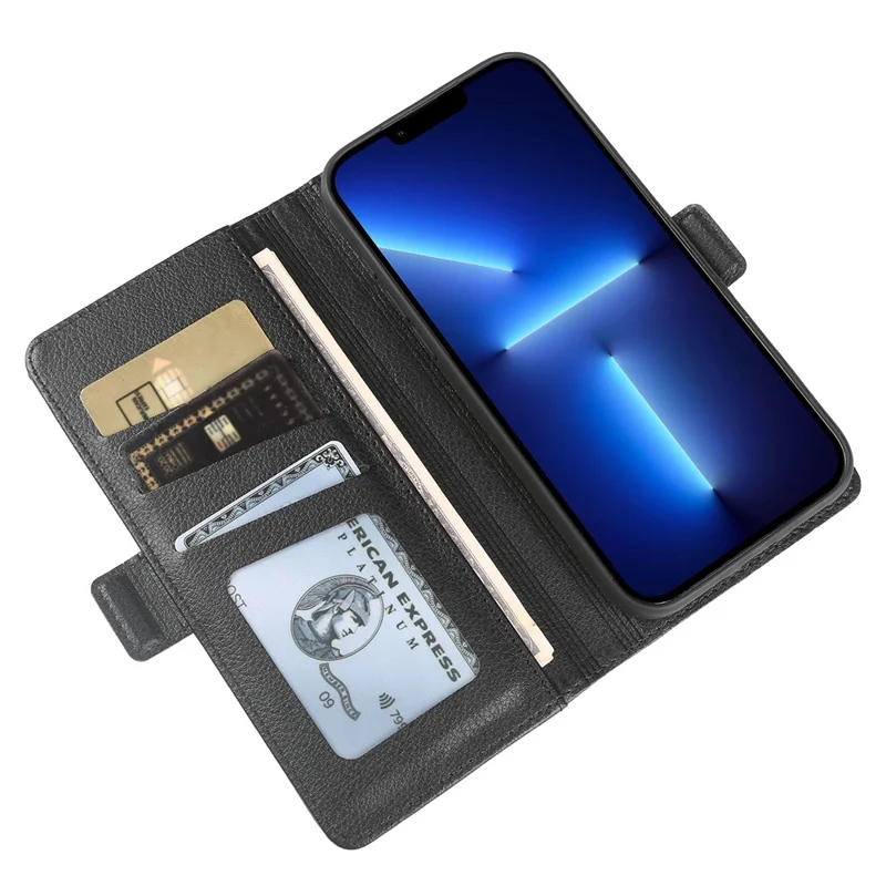 Capa Carteira para iPhone 13 Pro Max com Fecho Magnético Duplo, Capa de Pele com Textura de Lichia e Suporte Flip - Preto