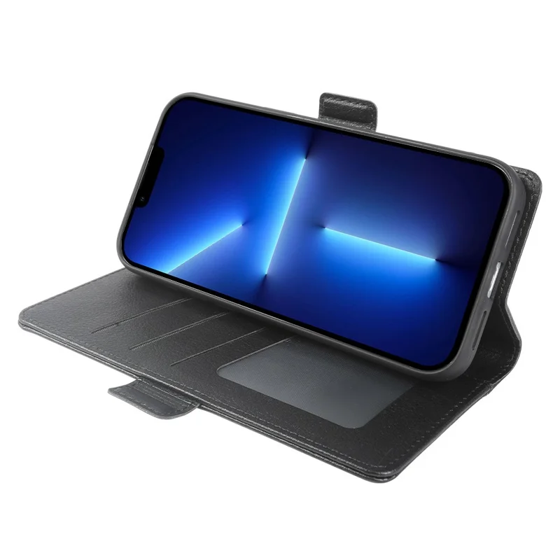 For iPhone 13 Pro Wallet Case with Dual Magnetic Clasp Litchi Textured Leather Flip Stand Phone Cover - Black