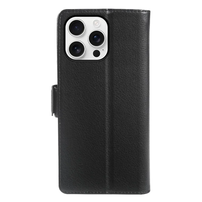 For iPhone 13 Pro Wallet Case with Dual Magnetic Clasp Litchi Textured Leather Flip Stand Phone Cover - Black