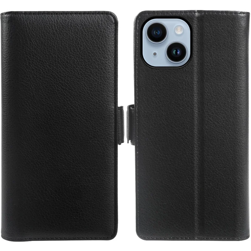 For iPhone 14 Wallet Case with Dual Magnetic Clasp Litchi Textured Leather Flip Stand Phone Cover - Black