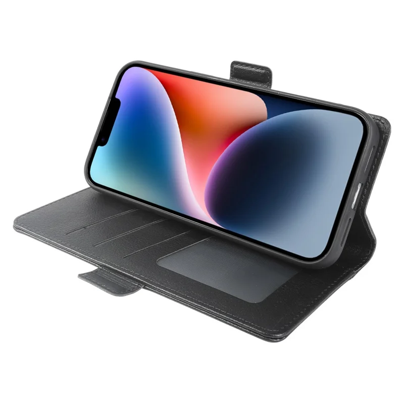 For iPhone 14 Wallet Case with Dual Magnetic Clasp Litchi Textured Leather Flip Stand Phone Cover - Black