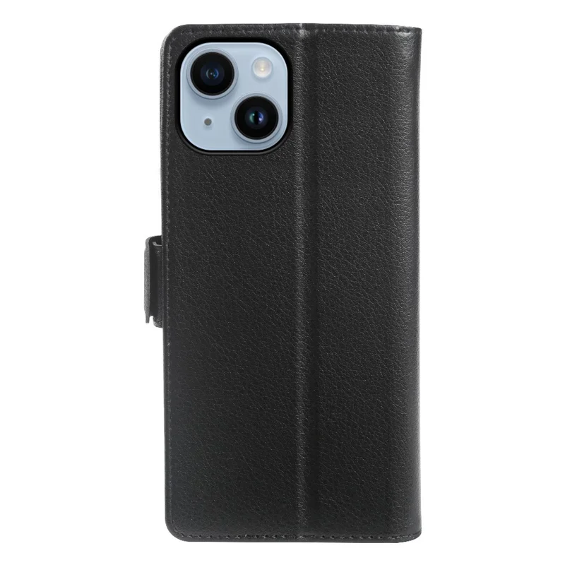 For iPhone 14 Wallet Case with Dual Magnetic Clasp Litchi Textured Leather Flip Stand Phone Cover - Black