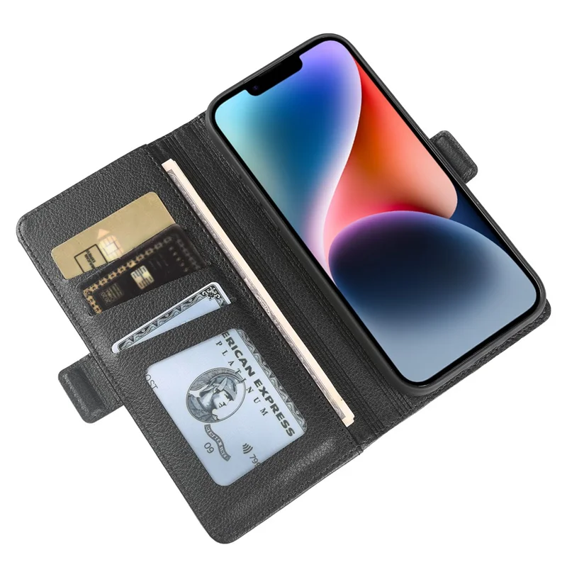 For iPhone 14 Plus Wallet Case with Dual Magnetic Clasp Litchi Textured Leather Flip Stand Phone Cover - Black