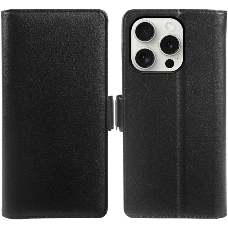 For iPhone 14 Pro Max Wallet Case with Dual Magnetic Clasp Litchi Textured Leather Flip Stand Phone Cover - Black