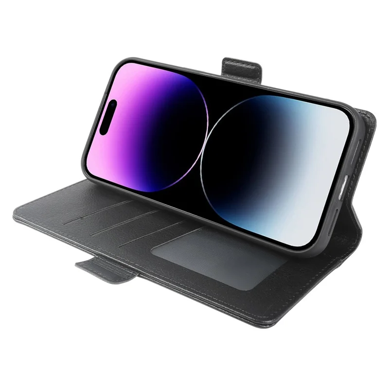 For iPhone 14 Pro Max Wallet Case with Dual Magnetic Clasp Litchi Textured Leather Flip Stand Phone Cover - Black