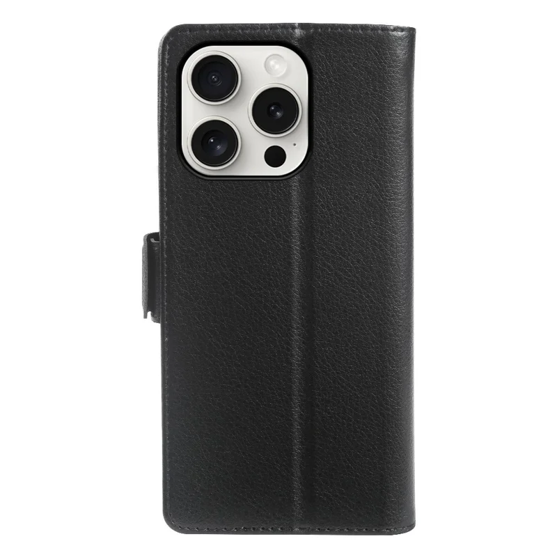 For iPhone 14 Pro Wallet Case with Dual Magnetic Clasp Litchi Textured Leather Flip Stand Phone Cover - Black