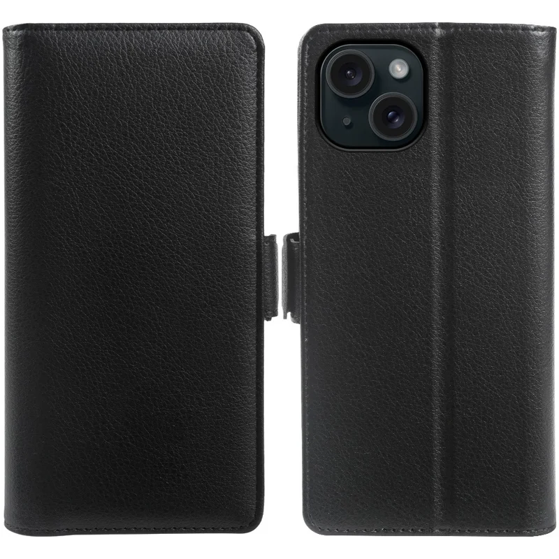 For iPhone 15 Wallet Case with Dual Magnetic Clasp Litchi Textured Leather Flip Stand Phone Cover - Black