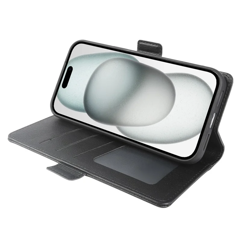 Étui portefeuille pour iPhone 15 Plus avec double fermoir magnétique, housse rabattable en cuir texturé type lychee - Noir