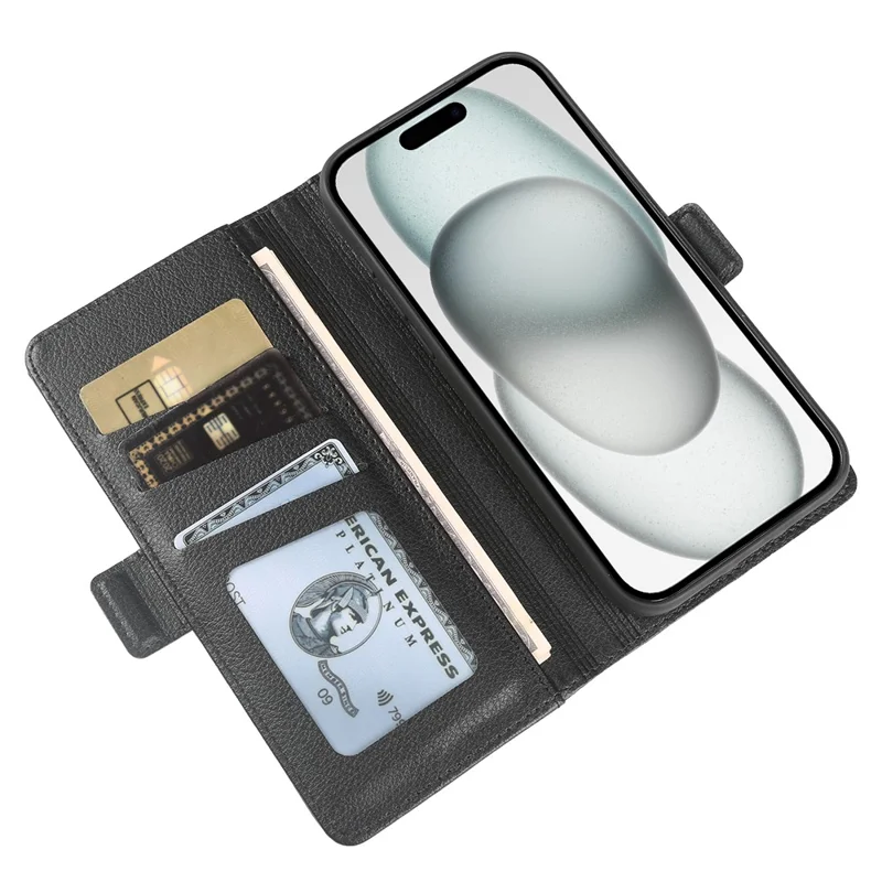 Étui portefeuille pour iPhone 15 Plus avec double fermoir magnétique, housse rabattable en cuir texturé type lychee - Noir