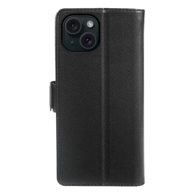 Étui portefeuille pour iPhone 15 Plus avec double fermoir magnétique, housse rabattable en cuir texturé type lychee - Noir