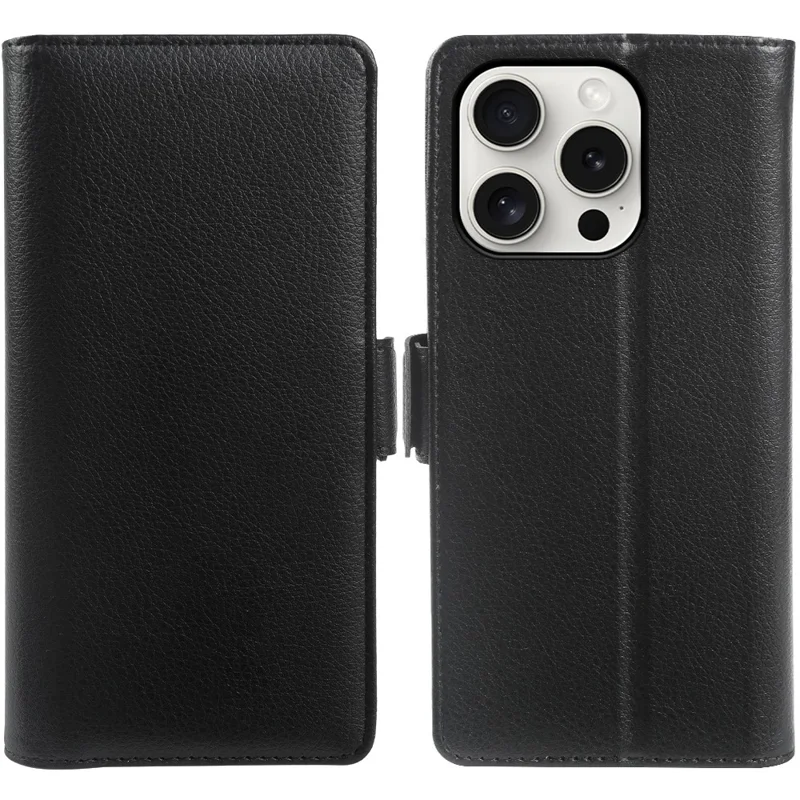 For iPhone 15 Pro Max Wallet Case with Dual Magnetic Clasp Litchi Textured Leather Flip Stand Phone Cover - Black