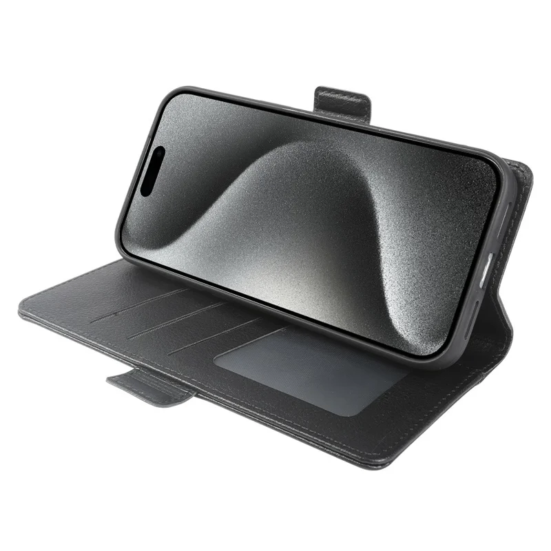 For iPhone 15 Pro Max Wallet Case with Dual Magnetic Clasp Litchi Textured Leather Flip Stand Phone Cover - Black