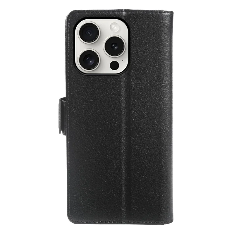 For iPhone 15 Pro Max Wallet Case with Dual Magnetic Clasp Litchi Textured Leather Flip Stand Phone Cover - Black
