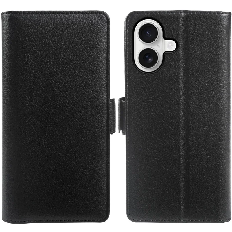 For iPhone 16 Wallet Case with Dual Magnetic Clasp Litchi Textured Leather Flip Stand Phone Cover - Black